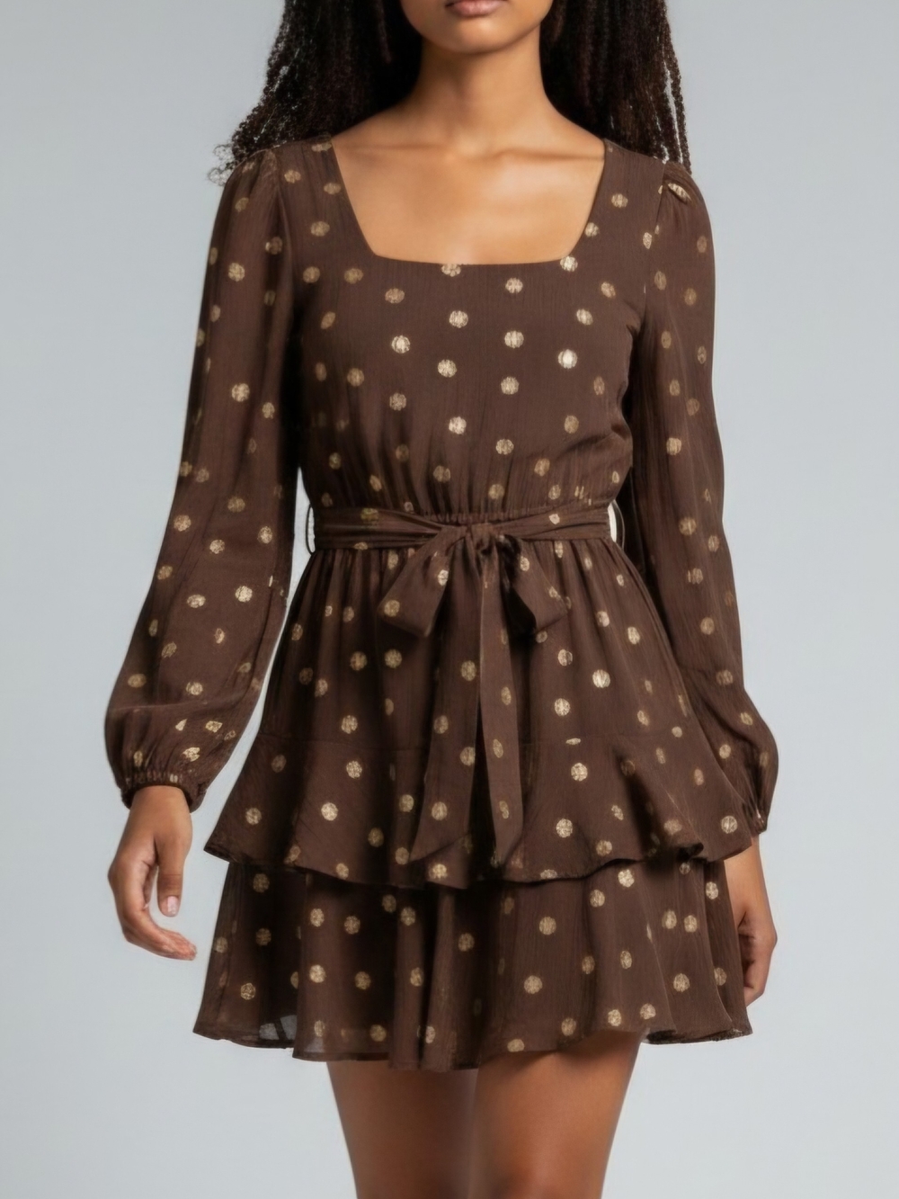 City Studio Brown Mini Dress with Metallic Gold Dot Accents